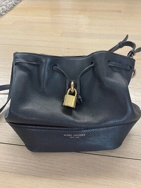 Marc Jacobs Black Pebbled Leather Drawstring Crossbody with Gold Padlock